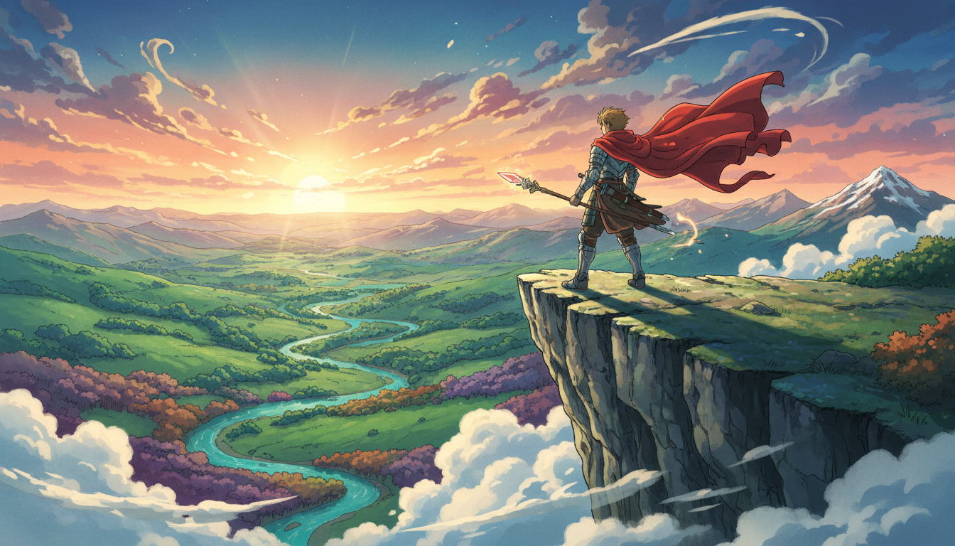 Anime style scene of a warrior standing on a cliff edge