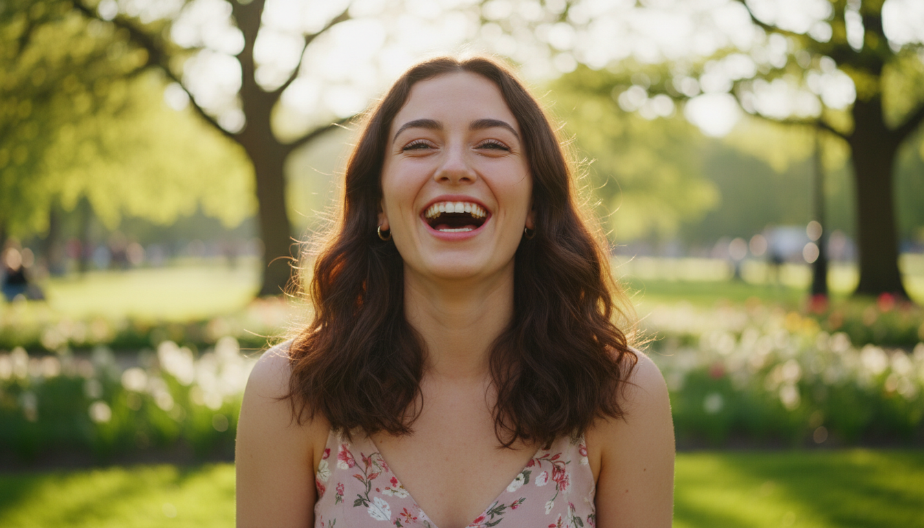 Portrait of a young woman laughing in a park