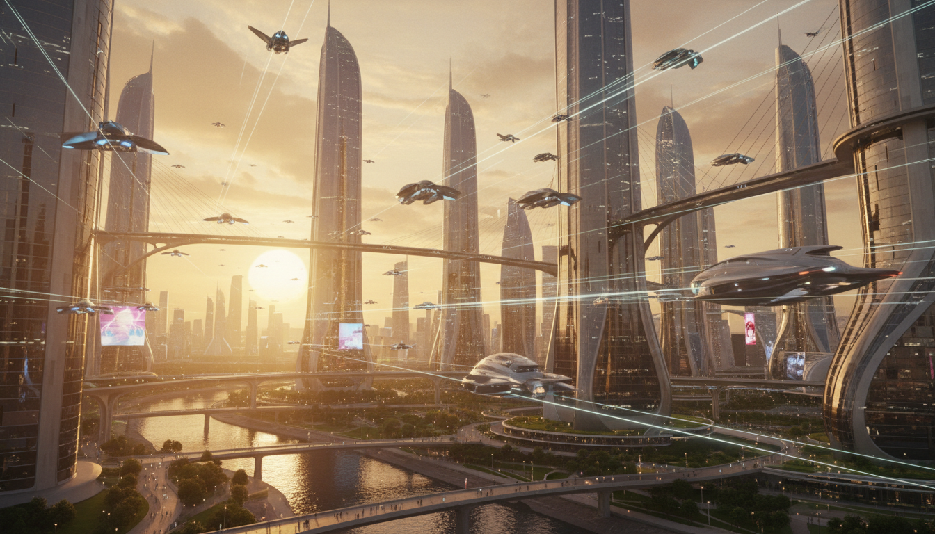 Cinematic film still of a futuristic city with flying cars