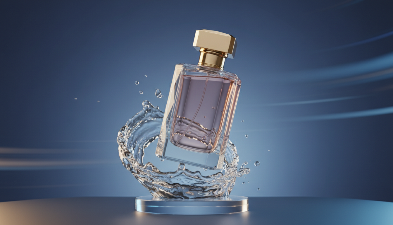 Commercial product shot of a luxury perfume bottle spinning slowly